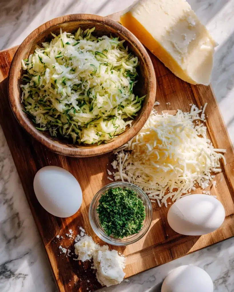 Overhead view of raw ingredients for cheesy zucchini breadsticks, including grated zucchini, shredded mozzarella, parmesan cheese, a cracked egg, garlic parsley salt, and a bowl of mixed shredded cheese on a wooden board