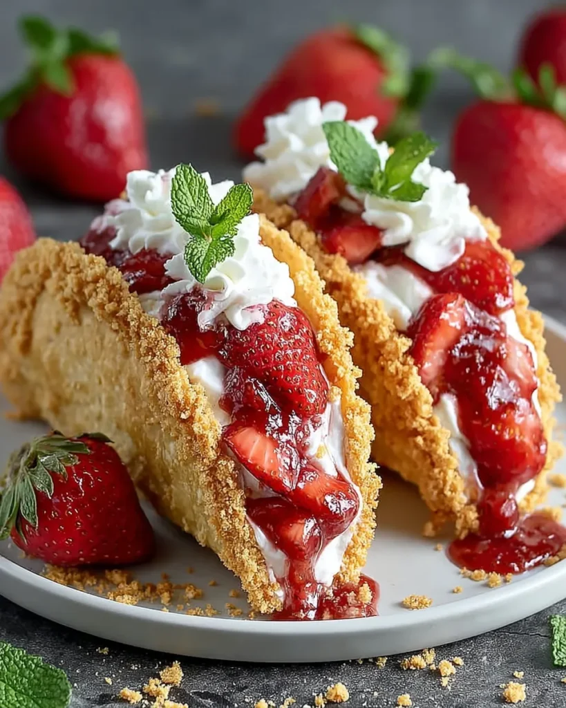 Overhead view of strawberry cheesecake tacos arranged on a rustic wooden board, ready to serve.