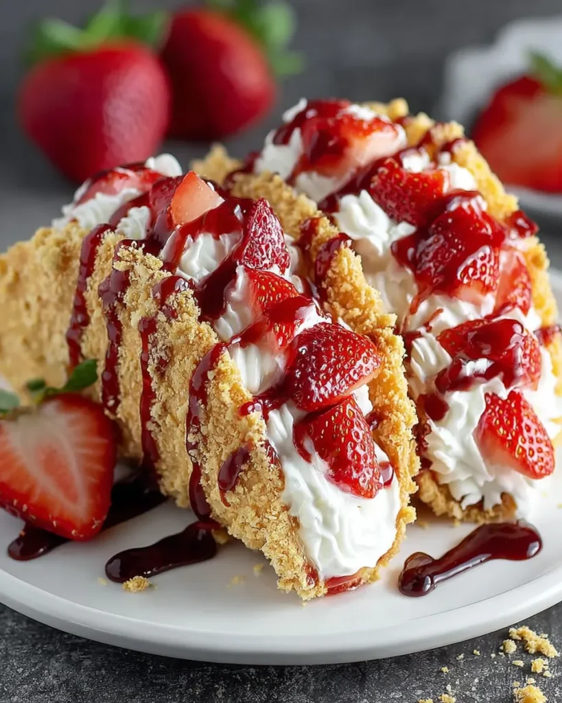 Close-up of strawberry crunch cheesecake tacos filled with creamy filling and topped with fresh chopped strawberries.