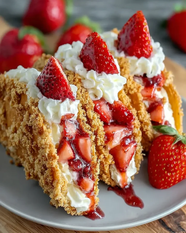 Overhead view of strawberry cheesecake tacos arranged on a rustic wooden board, ready to serve.