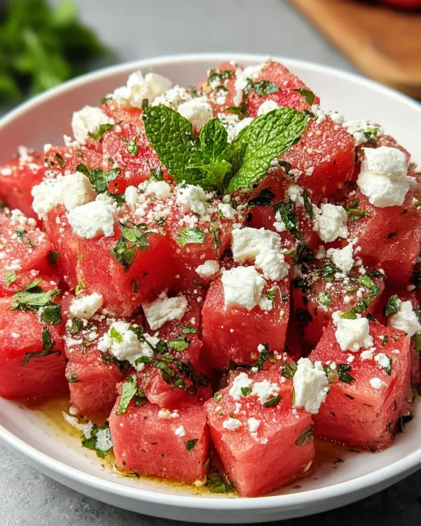 Close-up of a vibrant summer salad made with juicy watermelon cubes, crumbled feta cheese, fresh mint leaves, and a drizzle of olive oil and lime juice, served in a white bowl with natural light highlighting the textures and colors.