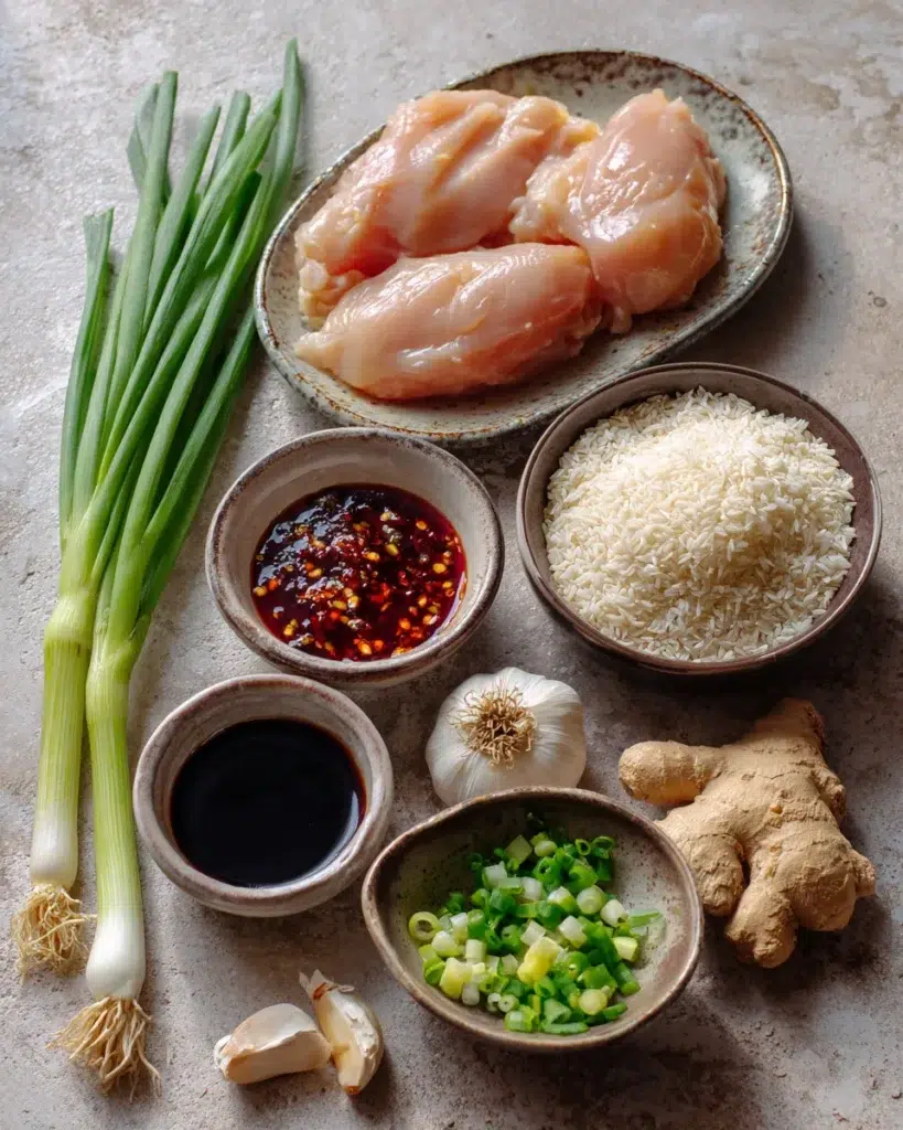 Flat lay of Sweet Chili Chicken ingredients including raw chicken breast, sweet chili sauce, soy sauce, garlic, ginger, green onions, cornstarch, sesame seeds, and jasmine rice on a kitchen counter with natural lighting, styled as an amateur photo.