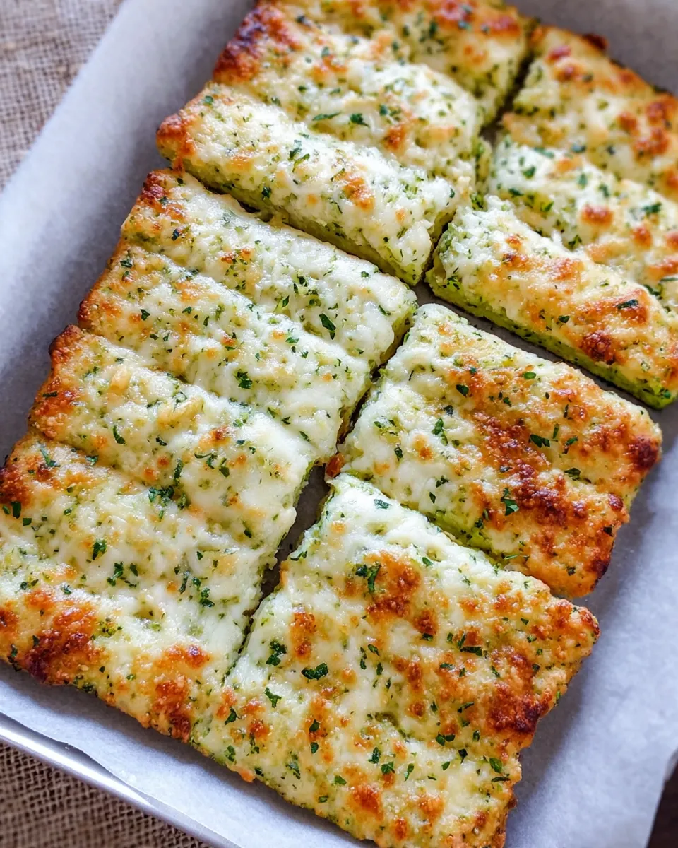Golden brown cheesy zucchini breadsticks on a parchment-lined baking sheet, topped with melted mozzarella and parmesan, sliced into strips and ready to serve
