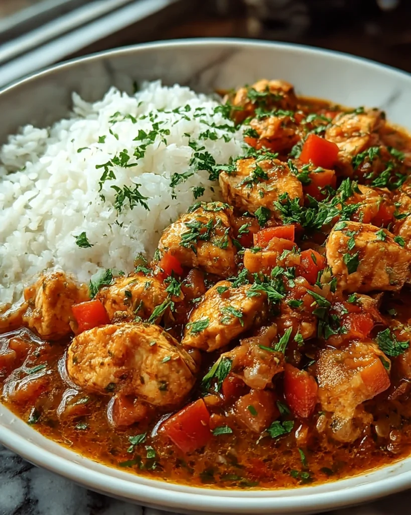 Cajun Chicken Étouffée packed with bold Cajun flavors, tender chicken, and rich roux. A comforting Southern dish you can easily make at home.