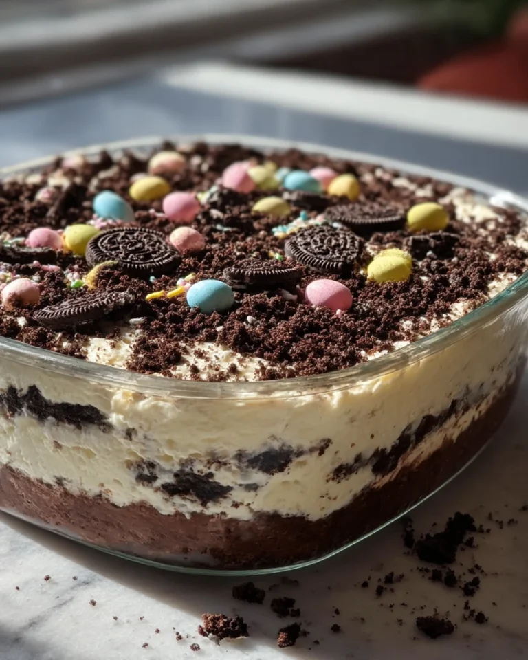 Easter Dirt Cake Casserole is a creamy Oreo dessert layered with chocolate cake, whipped filling, and fun gummy worms for Easter celebrations.