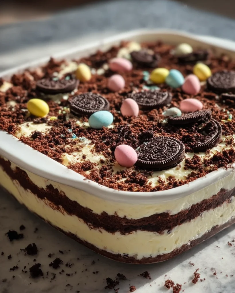 Easter Dirt Cake Casserole is a creamy Oreo dessert layered with chocolate cake, whipped filling, and fun gummy worms for Easter celebrations.