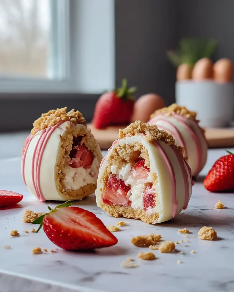 Strawberry Shortcake Egg Bombs with creamy filling, white chocolate shells, and crunchy shortcake. A festive Easter dessert everyone will love.