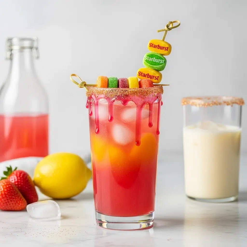 Starburst Drip mocktail is a sweet, fruity candy-inspired drink with vibrant color and fizzy flavor. Perfect for parties and summer fun.