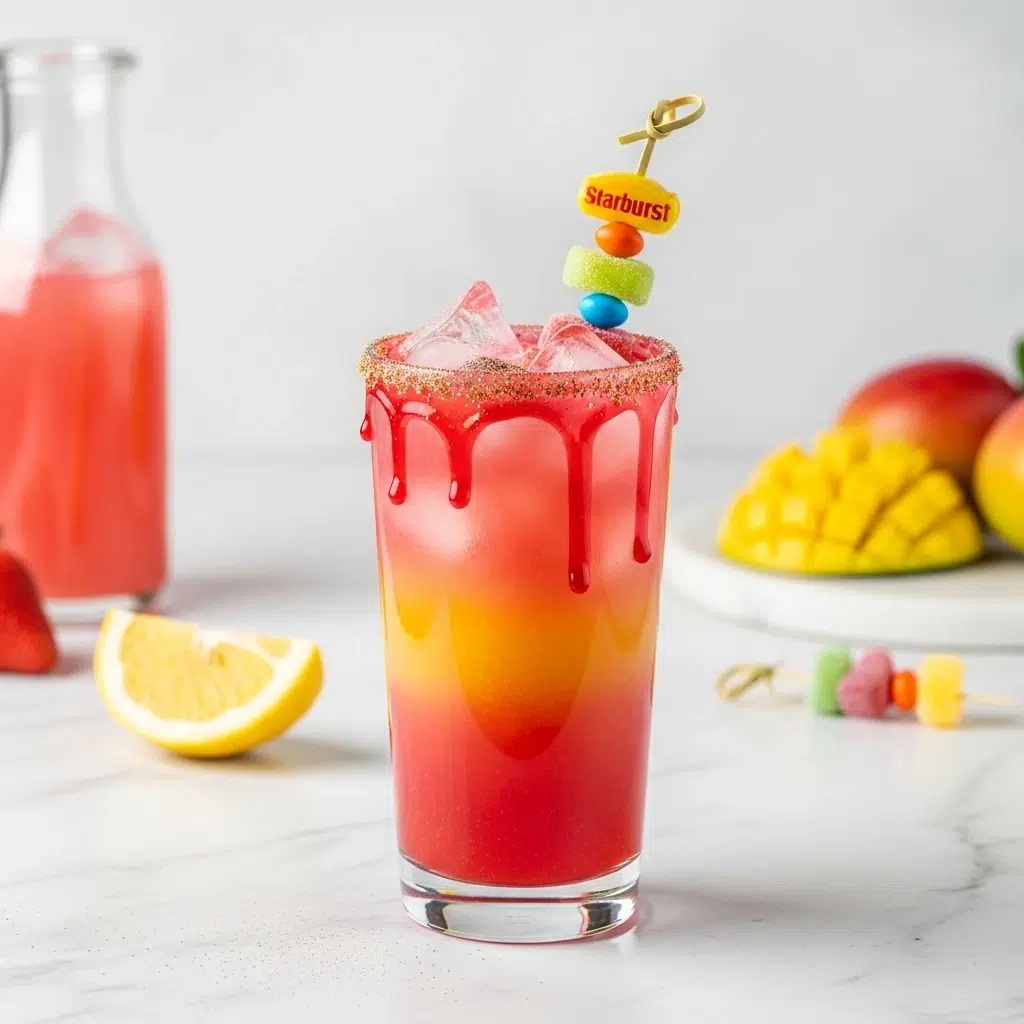 Starburst Drip mocktail is a sweet, fruity candy-inspired drink with vibrant color and fizzy flavor. Perfect for parties and summer fun.