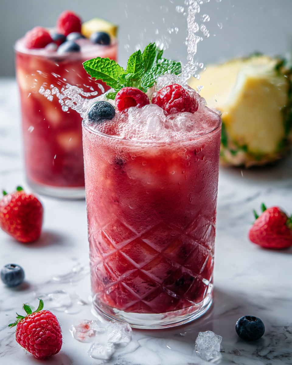 Tropical Berry Splash is a refreshing mocktail with berries, pineapple juice, and coconut water. A vibrant and easy drink perfect for summer days.