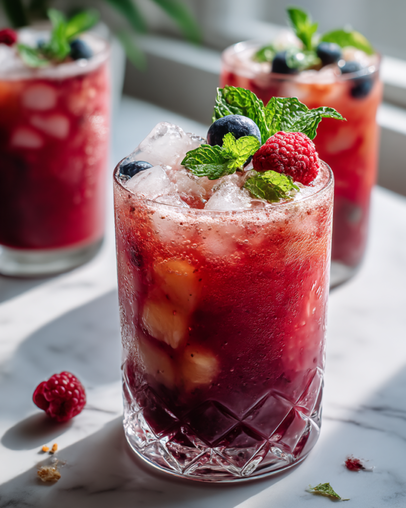 Tropical Berry Splash is a refreshing mocktail with berries, pineapple juice, and coconut water. A vibrant and easy drink perfect for summer days.