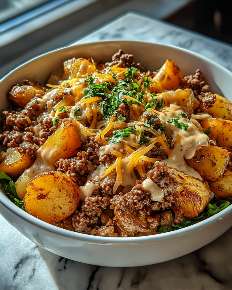 Savory Smash Burger Bowl is a high-protein dinner with crispy potatoes, smashed beef, cheese, and creamy burger sauce.