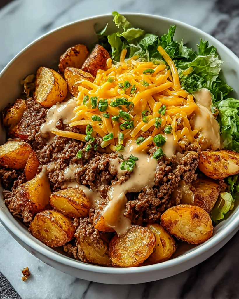 Savory Smash Burger Bowl is a high-protein dinner with crispy potatoes, smashed beef, cheese, and creamy burger sauce.
