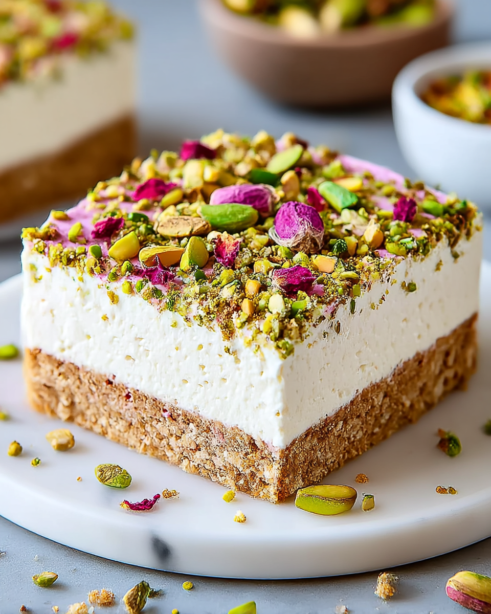 Close-up of a homemade Pistachio Rose Milk Cake with a soft crumb, topped with chopped pistachios, photographed in natural light on a white marble surface with a casual kitchen feel.