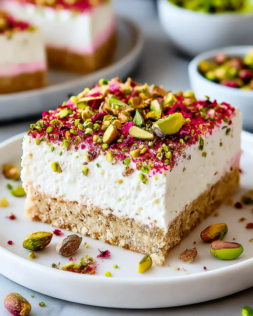 Close-up of a homemade Pistachio Rose Milk Cake with a soft crumb, topped with chopped pistachios, photographed in natural light on a white marble surface with a casual kitchen feel.