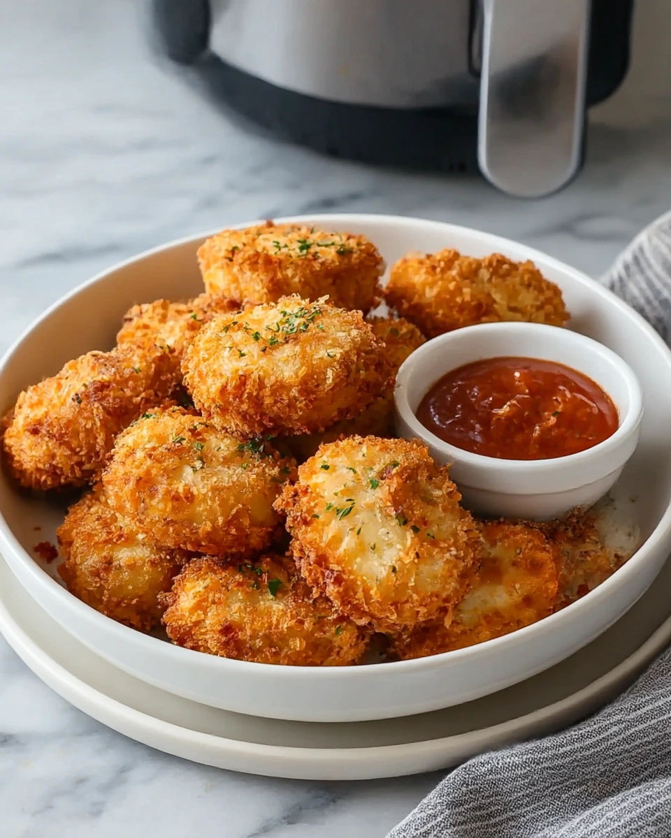 Close-up of crispy air fried Babybel cheese bites with golden panko crust and melted cheese center, served fresh in a home kitchen with natural light and rustic homemade presentation.