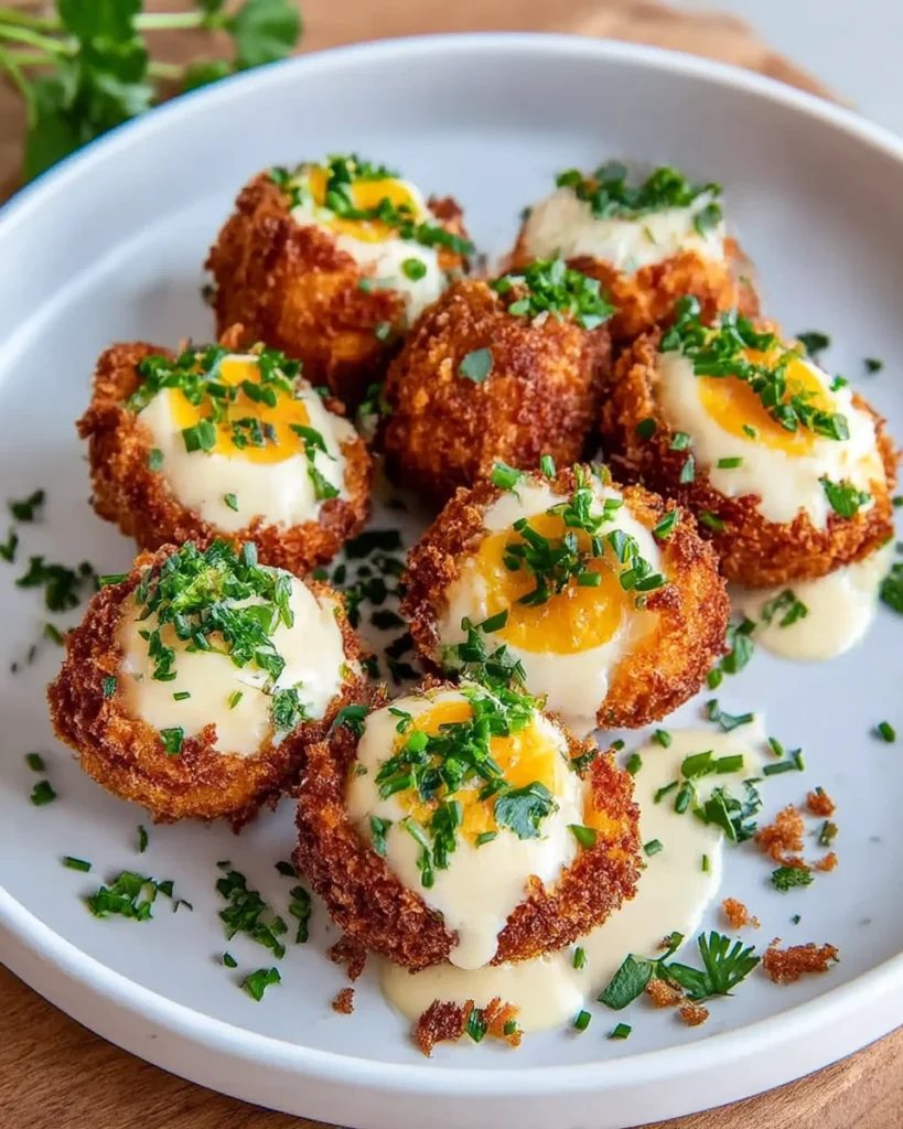 Close-up of crispy fried deviled eggs filled with creamy yolk mixture, served on a white marble kitchen counter with natural light and a homemade rustic look.