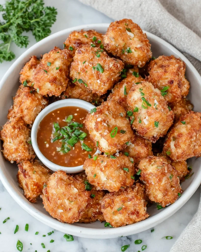 Close-up of crispy air fryer tofu bites with golden crunchy edges, served in a white bowl on a marble kitchen counter, soft natural light from a window highlighting texture and crispiness, homemade casual food photography style
