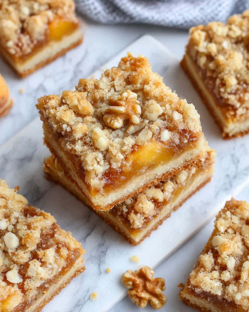 Close-up of homemade peach crumb bars with juicy peach filling and golden oat walnut crumble on a white marble counter, softly lit by natural window light.