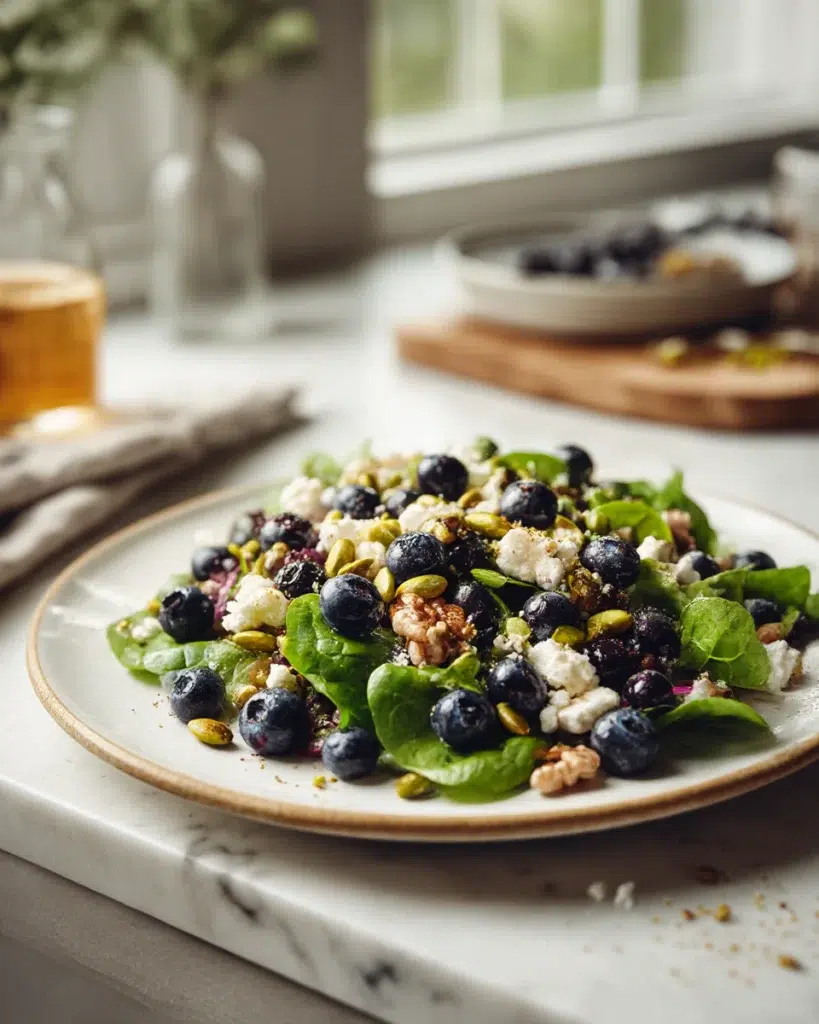 Blueberry pistachio spring salad with fresh greens, feta cheese, and honey balsamic dressing served in a bowl on a white marble counter in natural light