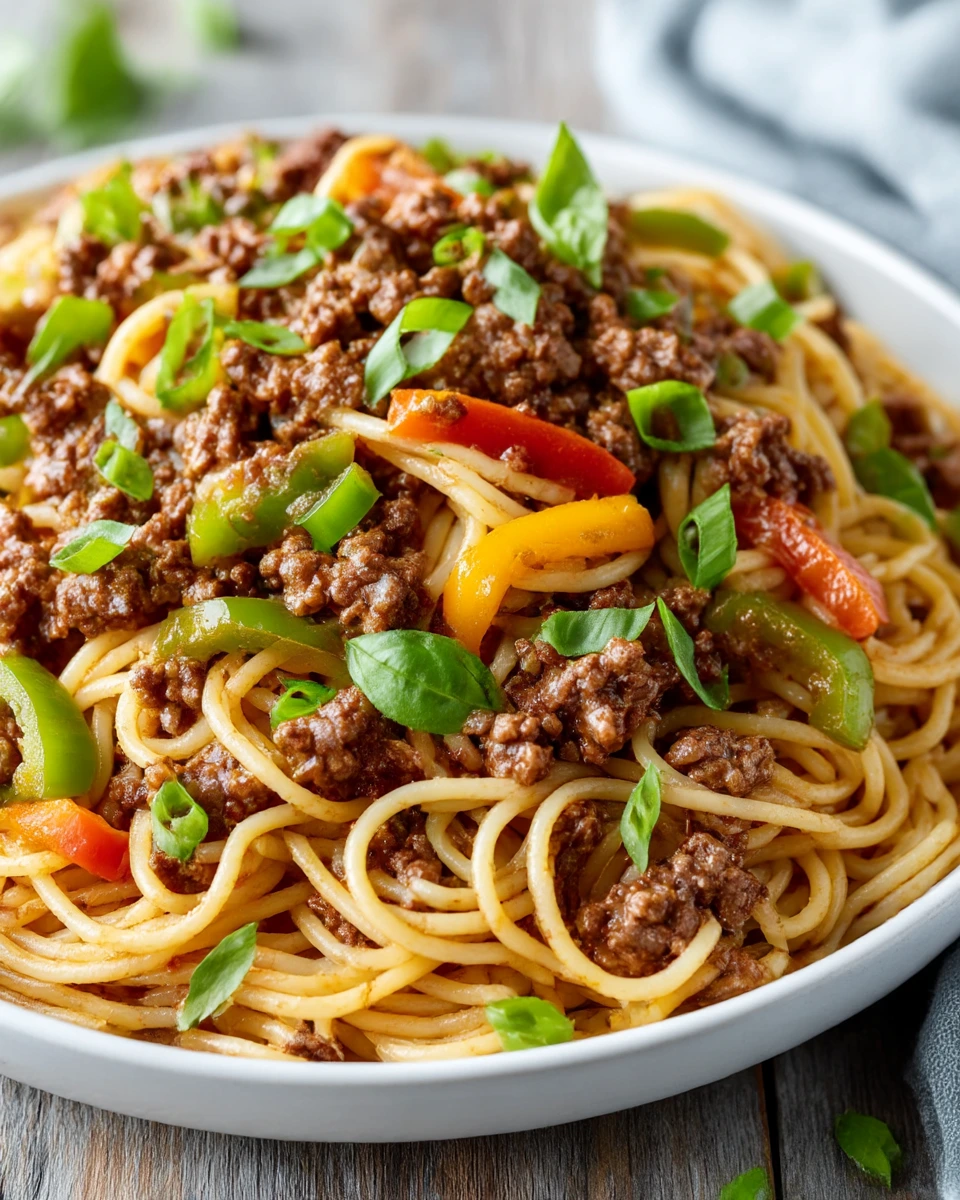 Close-up of homemade dirty spaghetti in a white bowl made with ground beef, spaghetti, and bell peppers, served as a cozy one-pot Cajun pasta meal in a warm kitchen setting.