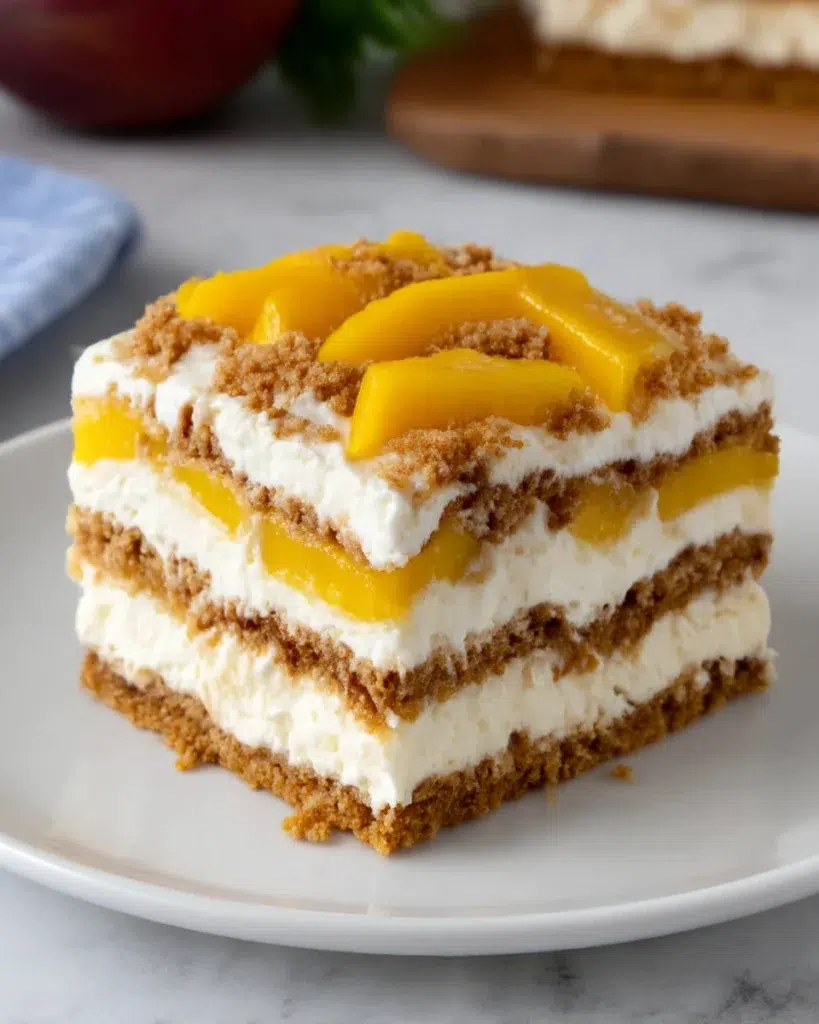 Close-up of a creamy No-Bake Mango Float layered with ripe mango slices, whipped cream, and graham crackers in a glass dish, softly lit by natural window light in a home kitchen setting.