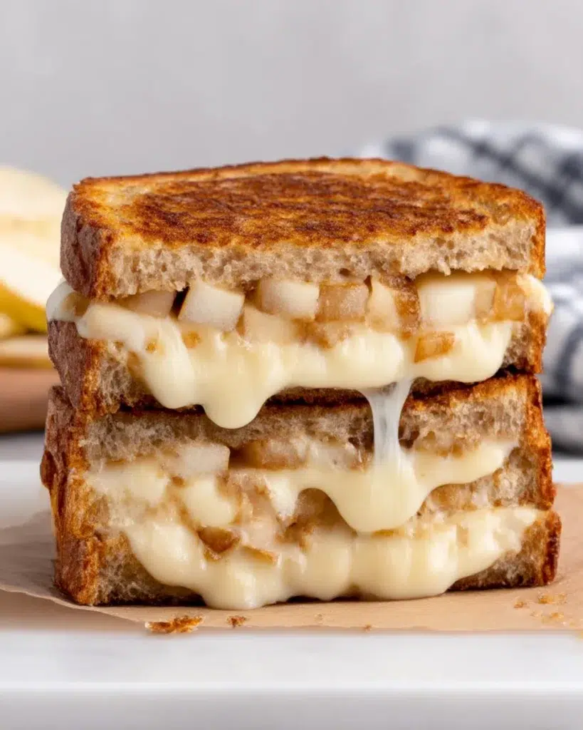 Close-up of a smoked gouda apple grilled cheese sandwich with melted cheese and thin apple slices on toasted bread, served on a white marble counter in natural light