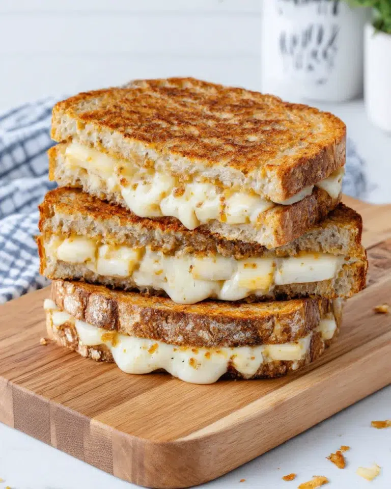 Close-up of a smoked gouda apple grilled cheese sandwich with melted cheese and thin apple slices on toasted bread, served on a white marble counter in natural light