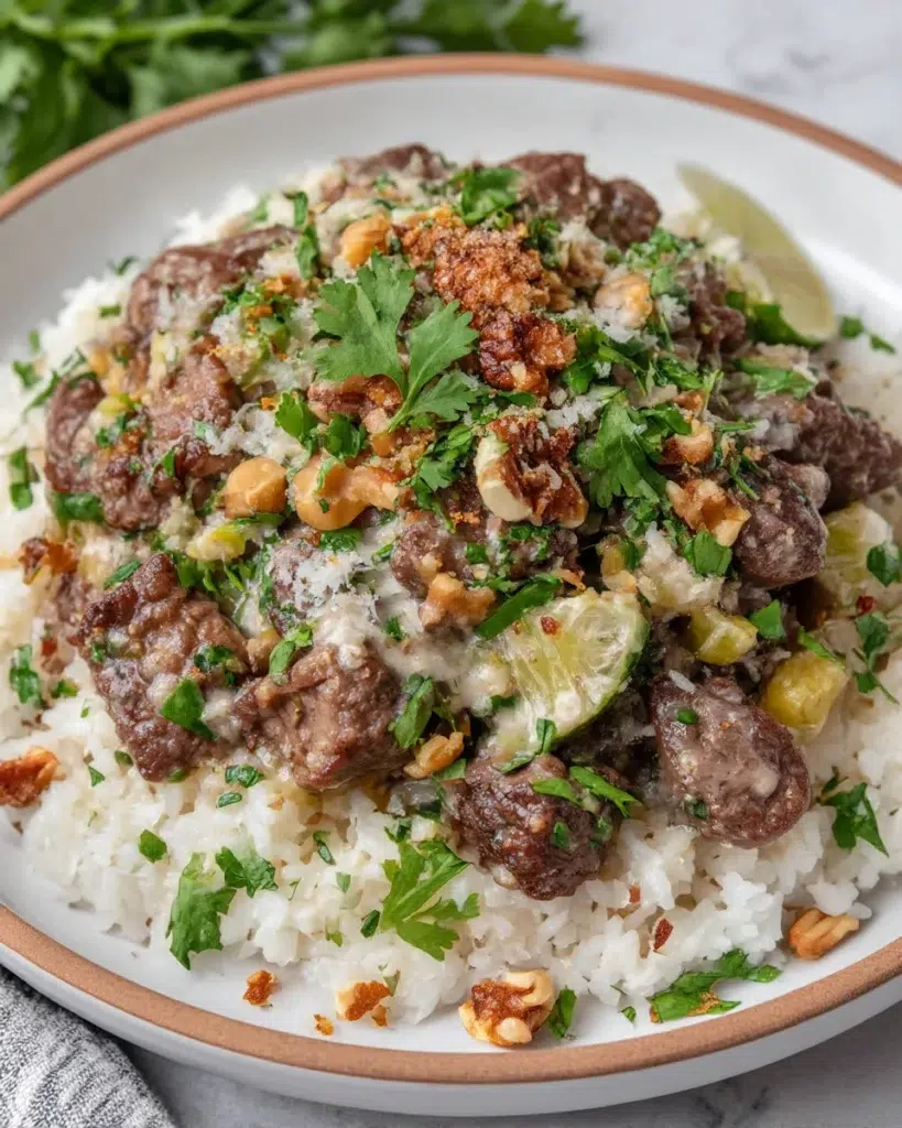 Close-up of zesty ginger lime pork slices served over creamy coconut rice, garnished with fresh cilantro and lime wedges on a white marble counter, natural light, homemade style