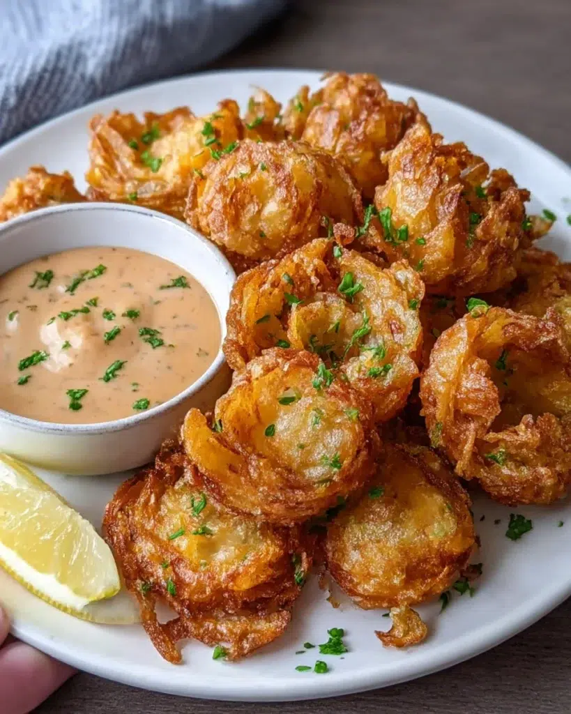 Close-up of crispy air fryer mini blooming onions served on a white marble counter, golden brown with visible seasoning, natural light highlighting crunchy texture and homemade presentation