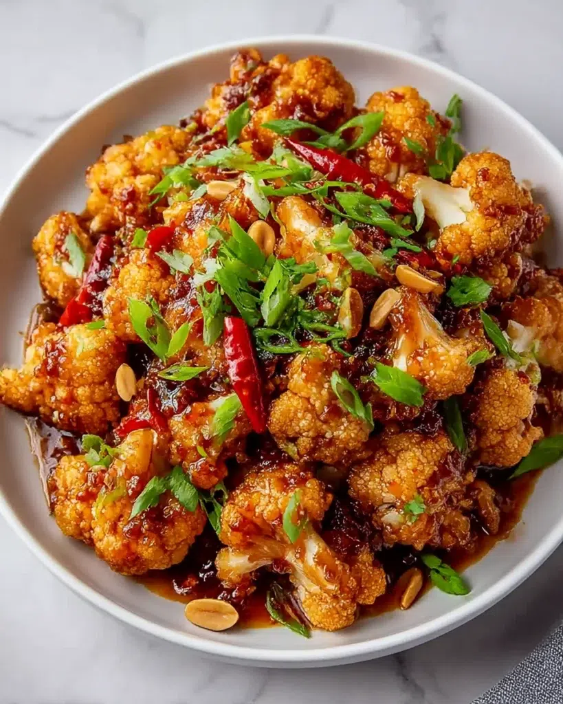 Close-up of Kung Pao Cauliflower in a bowl, featuring crispy roasted cauliflower tossed in a glossy spicy sauce with peanuts and green onions, styled on a white marble counter in natural light.