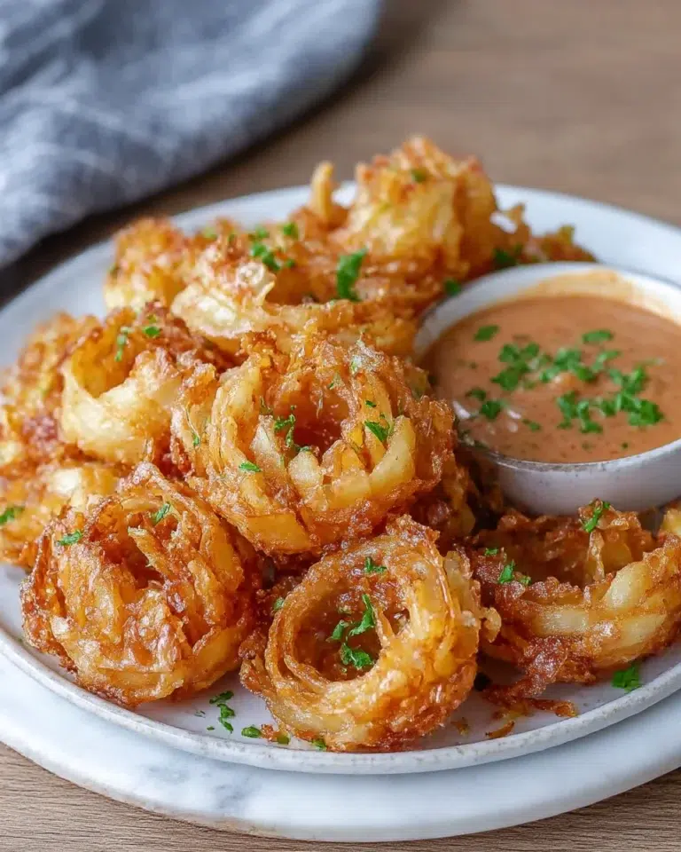 Close-up of crispy air fryer mini blooming onions served on a white marble counter, golden brown with visible seasoning, natural light highlighting crunchy texture and homemade presentation