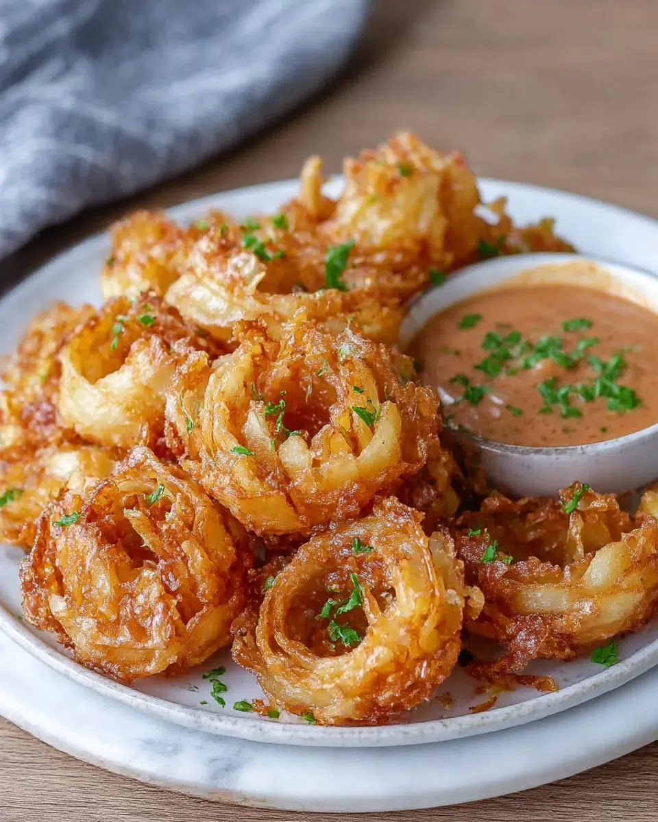 Close-up of crispy air fryer mini blooming onions served on a white marble counter, golden brown with visible seasoning, natural light highlighting crunchy texture and homemade presentation