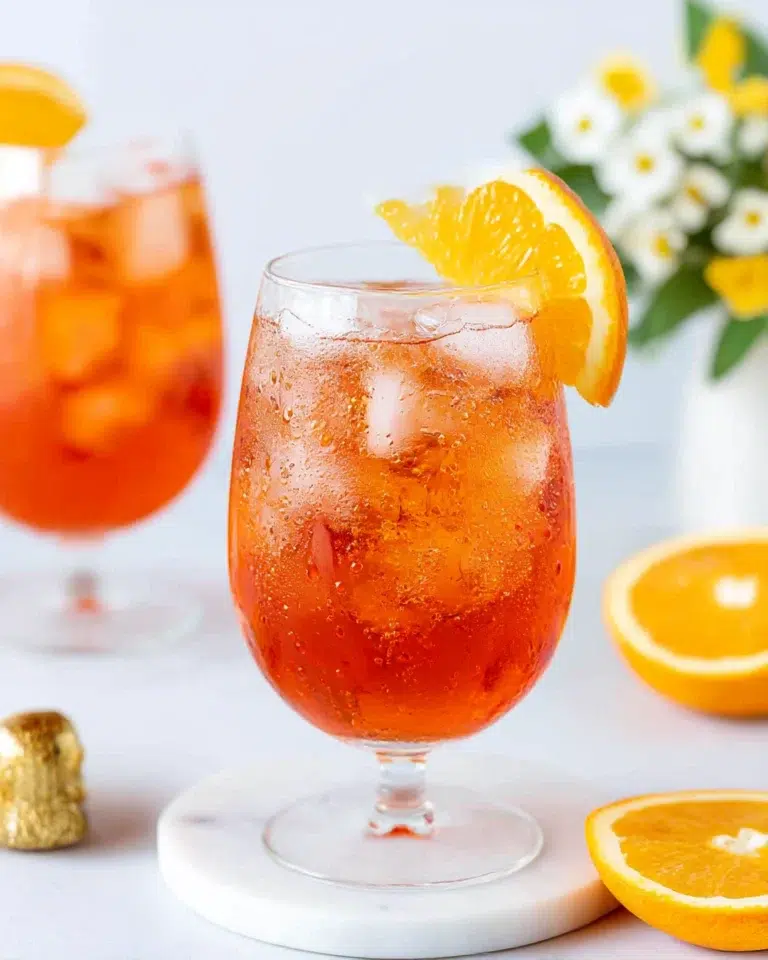 Close-up of a Non Alcoholic Aperol Spritz Mocktail in a glass with ice, orange slice garnish, and bubbles, set on a white marble counter in natural kitchen light