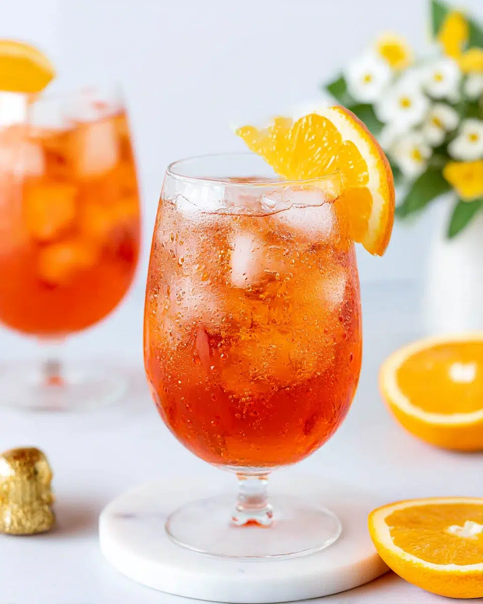 Close-up of a Non Alcoholic Aperol Spritz Mocktail in a glass with ice, orange slice garnish, and bubbles, set on a white marble counter in natural kitchen light