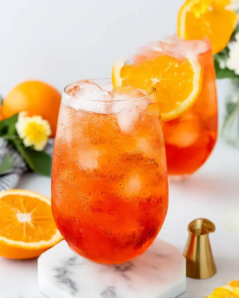 Close-up of a Non Alcoholic Aperol Spritz Mocktail in a glass with ice, orange slice garnish, and bubbles, set on a white marble counter in natural kitchen light