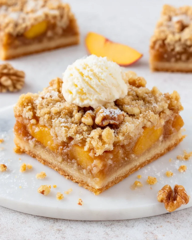 Close-up of homemade peach crumb bars with juicy peach filling and golden oat walnut crumble on a white marble counter, softly lit by natural window light.