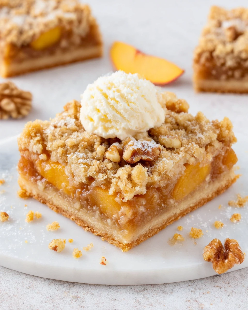 Close-up of homemade peach crumb bars with juicy peach filling and golden oat walnut crumble on a white marble counter, softly lit by natural window light.