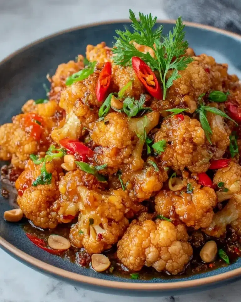 Close-up of Kung Pao Cauliflower in a bowl, featuring crispy roasted cauliflower tossed in a glossy spicy sauce with peanuts and green onions, styled on a white marble counter in natural light.