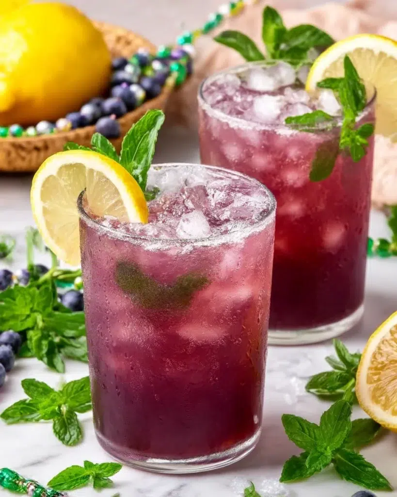 Close-up of Sparkling Purple Lemonade in a glass with ice, made from fresh lemon juice, sparkling water, and natural purple fruit juice, shown in a bright home kitchen with soft natural light.