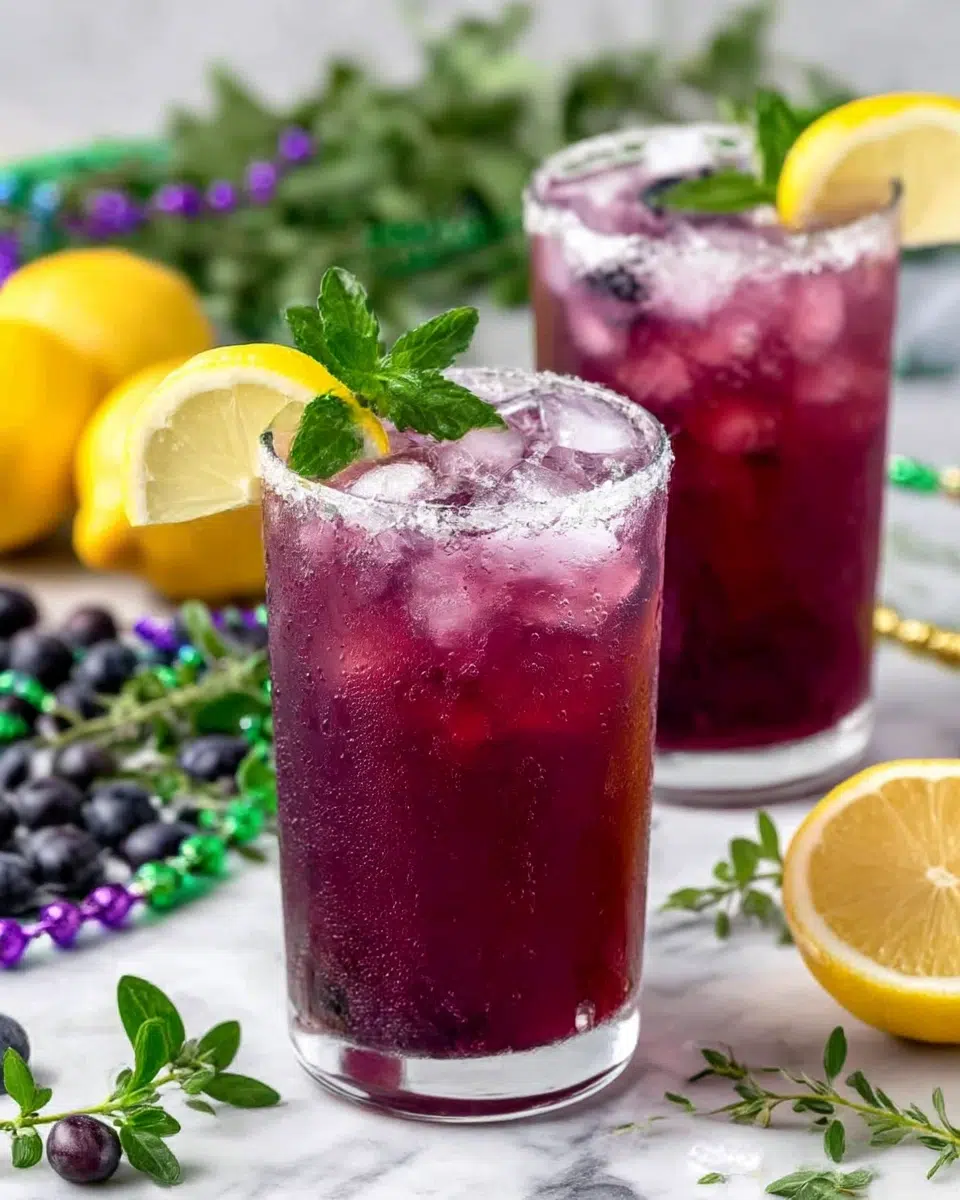 Close-up of Sparkling Purple Lemonade in a glass with ice, made from fresh lemon juice, sparkling water, and natural purple fruit juice, shown in a bright home kitchen with soft natural light.