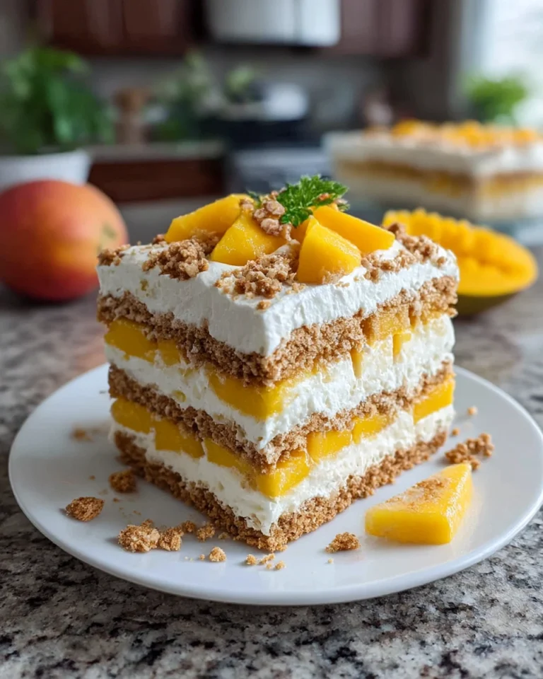 Close-up of a creamy No-Bake Mango Float layered with ripe mango slices, whipped cream, and graham crackers in a glass dish, softly lit by natural window light in a home kitchen setting.