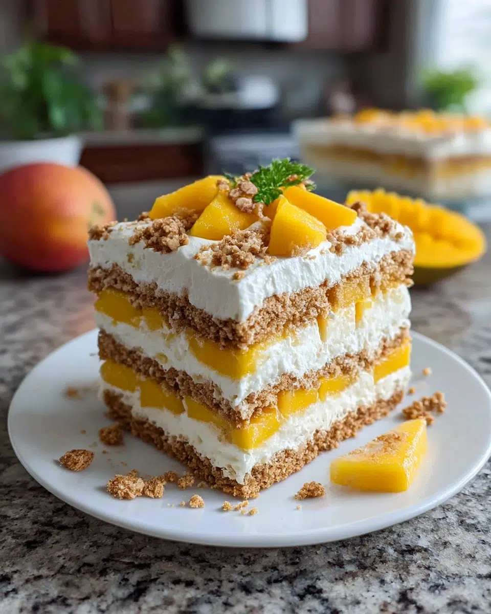 Close-up of a creamy No-Bake Mango Float layered with ripe mango slices, whipped cream, and graham crackers in a glass dish, softly lit by natural window light in a home kitchen setting.