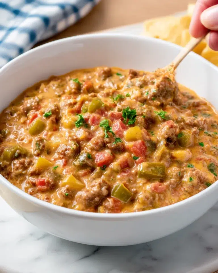 Close-up of creamy homemade Rotel dip made with melted cheese, ground beef, and diced tomatoes with green chiles in a white kitchen setting with natural light.