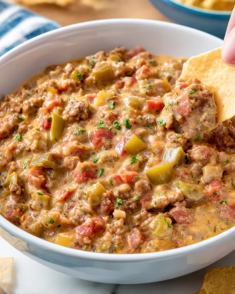 Close-up of creamy homemade Rotel dip made with melted cheese, ground beef, and diced tomatoes with green chiles in a white kitchen setting with natural light.