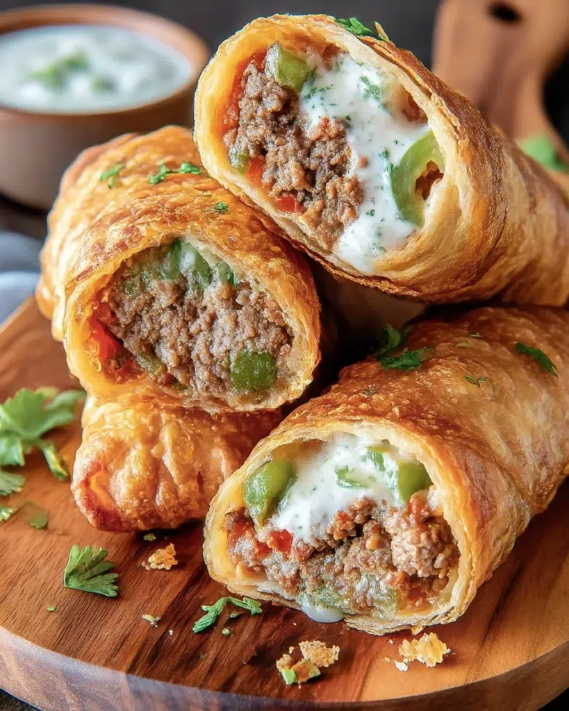 Crispy homemade nacho egg rolls filled with seasoned ground beef, melted cheddar cheese, and jalapeños, served on a white marble counter with a golden brown crunchy texture