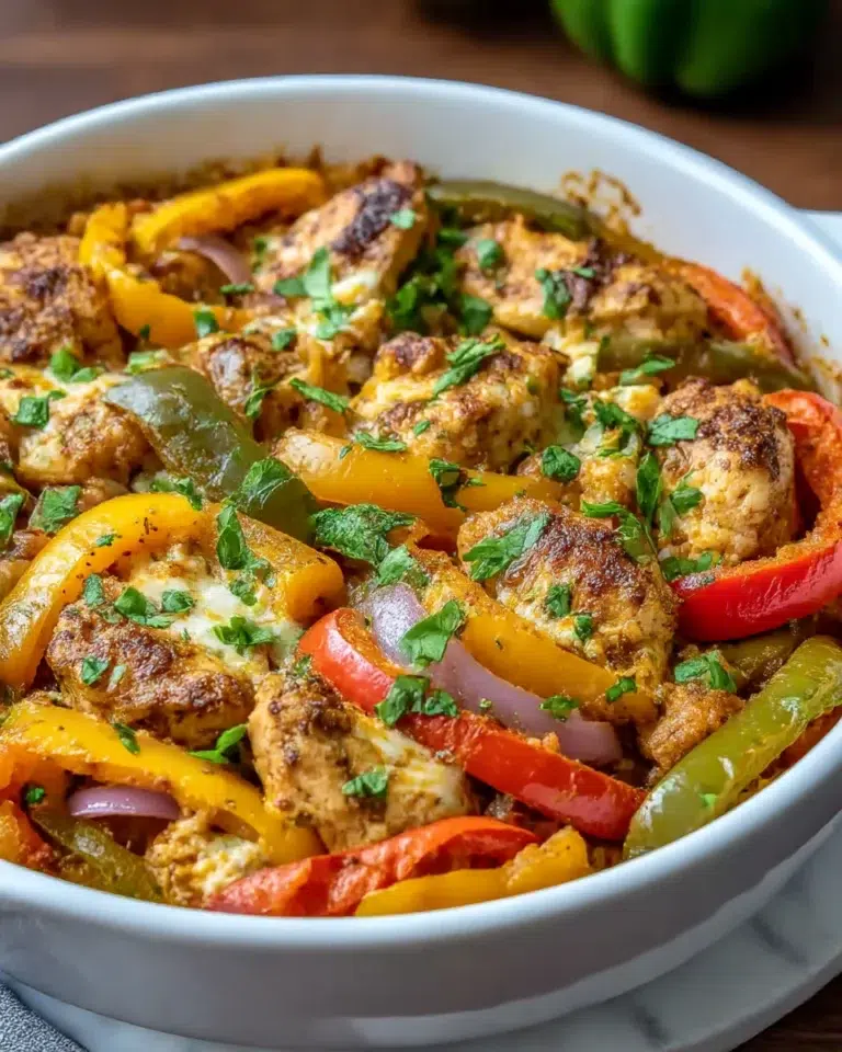 Close-up of a spicy chicken fajita bake with golden melted cheese, tender chicken, and colorful bell peppers in a white baking dish on a marble kitchen counter, natural light, homemade style