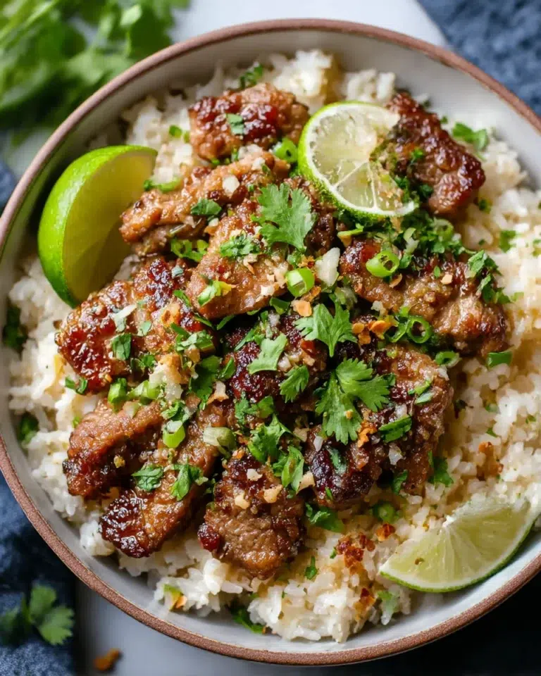 Close-up of zesty ginger lime pork slices served over creamy coconut rice, garnished with fresh cilantro and lime wedges on a white marble counter, natural light, homemade style