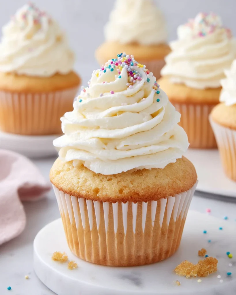 Close-up homemade moist vanilla cupcakes topped with creamy vanilla buttercream frosting, soft fluffy texture visible, natural kitchen lighting, rustic baking aesthetic on a white marble counter.