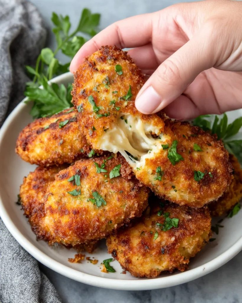Close-up of crispy air fried Babybel cheese bites with golden panko crust and melted cheese center, served fresh in a home kitchen with natural light and rustic homemade presentation.